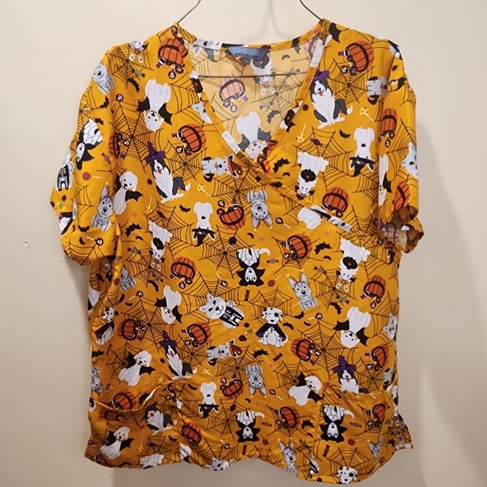 SERENE Uniformes Women's Halloween Puppies Scrub Top XL